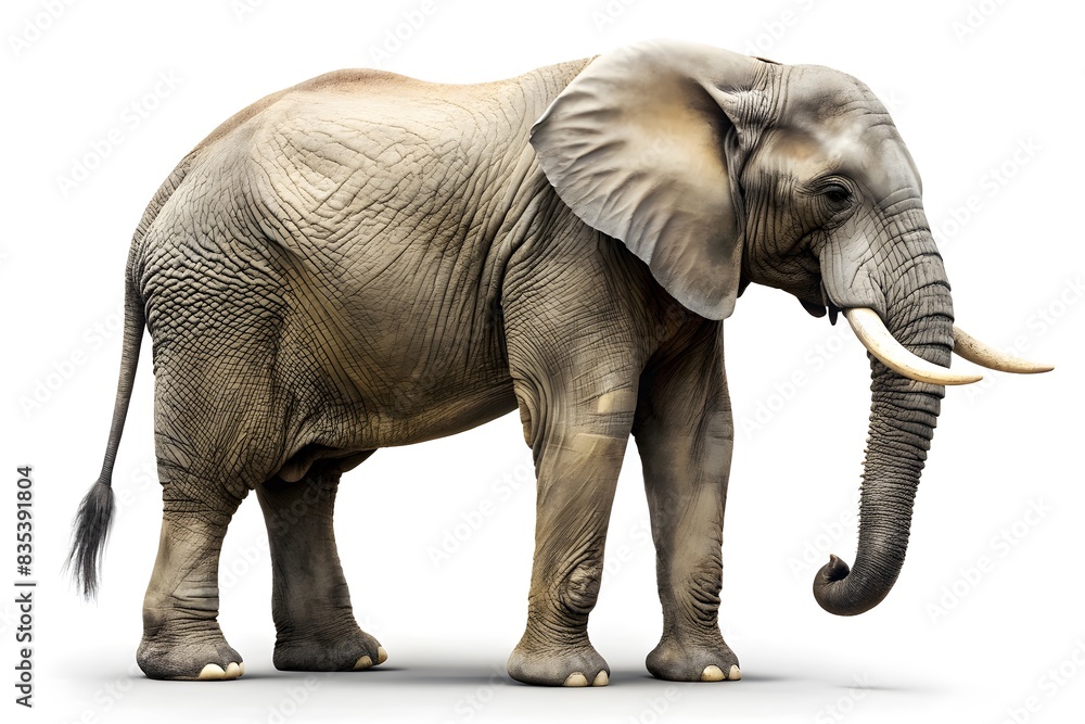 African Elephant Mature, Standing Side View on White Background, Wildlife Portrait, on White Background African Elephant Mature, Standing Side View on White Background, Wildlife Portrait, on White Background