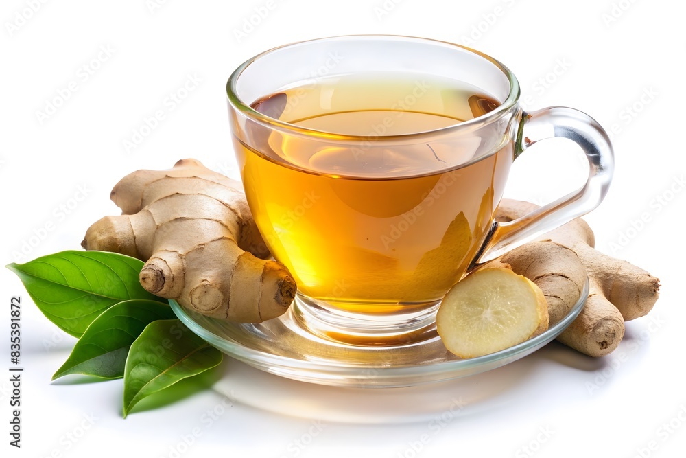 Fresh Ginger Tea in Transparent Cup with Sliced Root and Leaves on White Background Fresh Ginger Tea in Transparent Cup with Sliced Root and Leaves on White Background