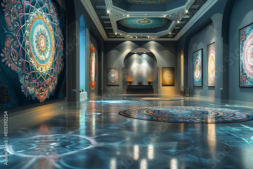 Luxurious Avant Art Gallery interior featuring contemporary digital mandalas in a sleek  serene setting  blending traditional patterns with digital creativity 