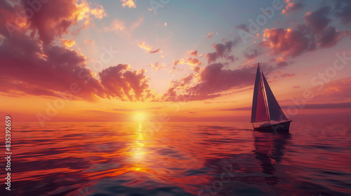 Sunset Sailing Cruise: A romantic voyage painted with billowing sails, silhouetted embraces, and laughter against the backdrop of a setting sun.