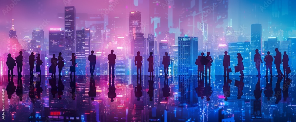 A group of business people standing in front of a cityscape background in a double exposure A group of business people standing in front of a cityscape background in a double exposure