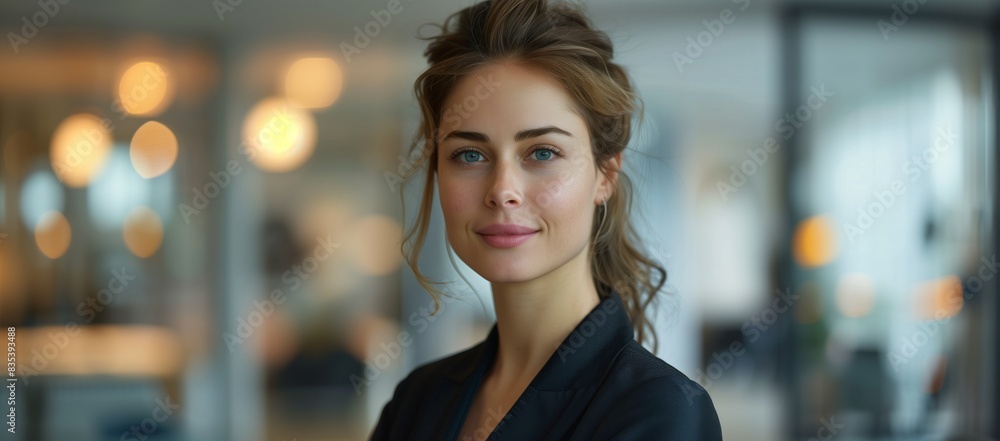 ditorial eye level waist-up shot of an elegant business woman with a slight smile looking at the camera standing in a blurred ditorial eye level waist-up shot of an elegant business woman with a slight smile looking at the camera standing in a blurred