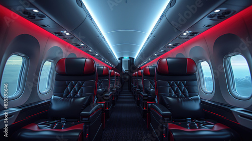 Business class in black and red on a superjet plane © PhotoFed