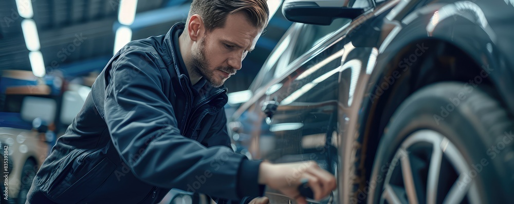 A mechanic leaning on a car while holding a tablet in a brightly lit auto service garage A mechanic leaning on a car while holding a tablet in a brightly lit auto service garage