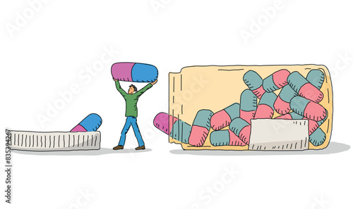 Illustration of person with medicine pills, social issues concept, vector design