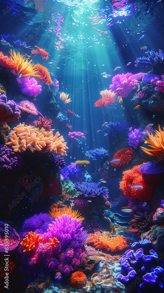 Underwater world. Colorful fishes among bright corals.