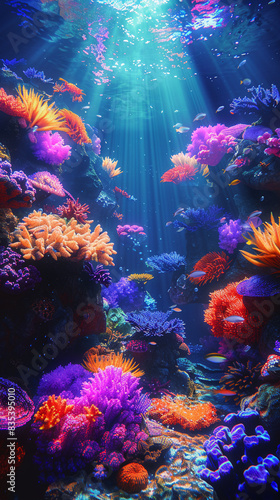 Underwater world. Colorful fishes among bright corals.