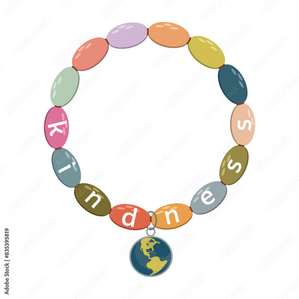 Colourful bracelet with Kindness inscription and planet Earth pendant. Isolated on white. Fashion Concept Colourful bracelet with Kindness inscription and planet Earth pendant. Isolated on white. Fashion Concept