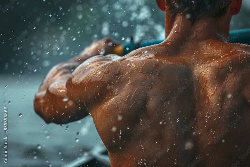 Athlete Rowing with Focus Near Water - Close-Up of Muscular Back Highlighting Physical Effort and Strength