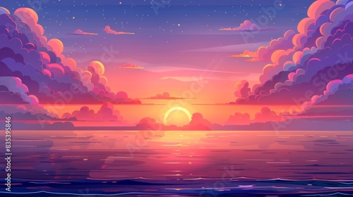 Beautiful sunset over the sea. Vector illustration in cartoon style