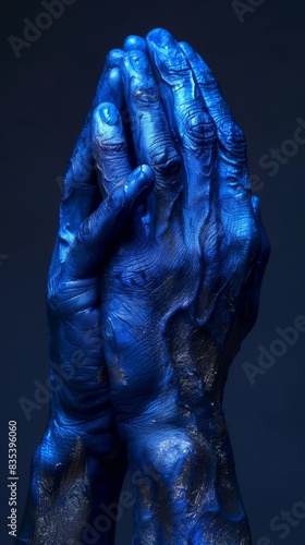 Hands painted in blue in a prayer gesture.