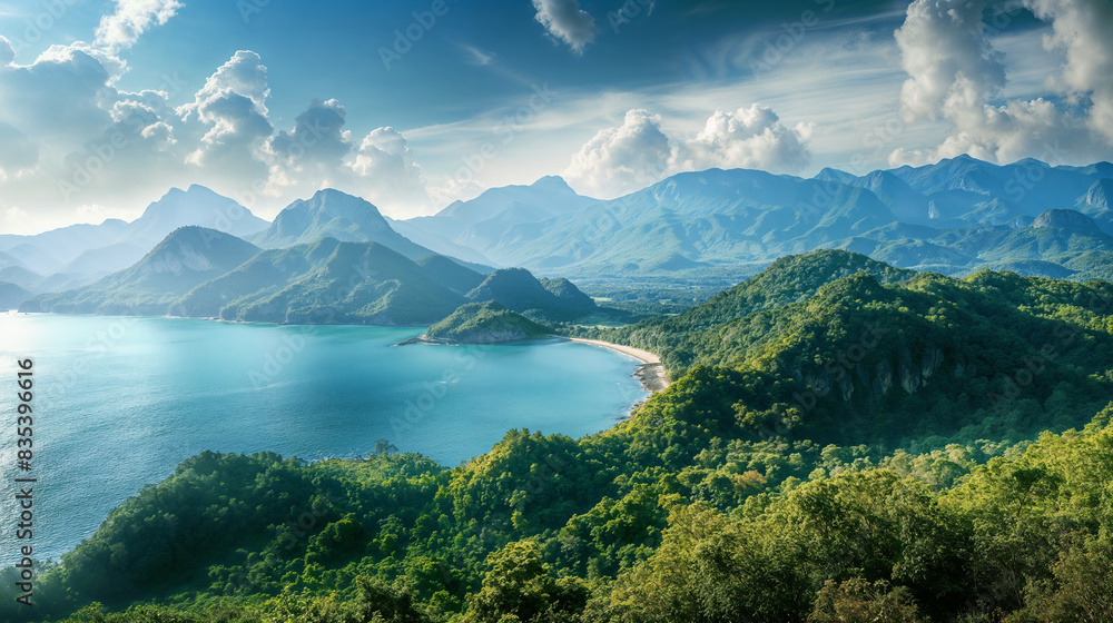 Beautiful landscape with mountains and sea in Thailand on a sunny summer day