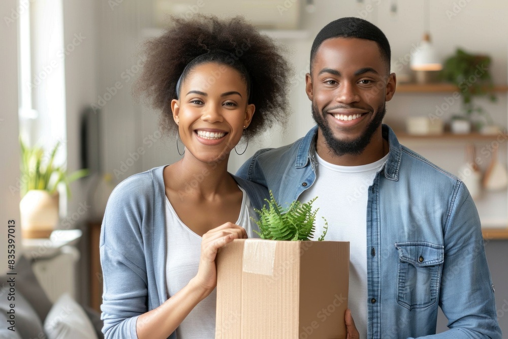 A joyful African American couple holding a cardboard box with a green plant, showcasing their delight in their cozy, well-decorated living space. A joyful African American couple holding a cardboard box with a green plant, showcasing their delight in their cozy, well-decorated living space.