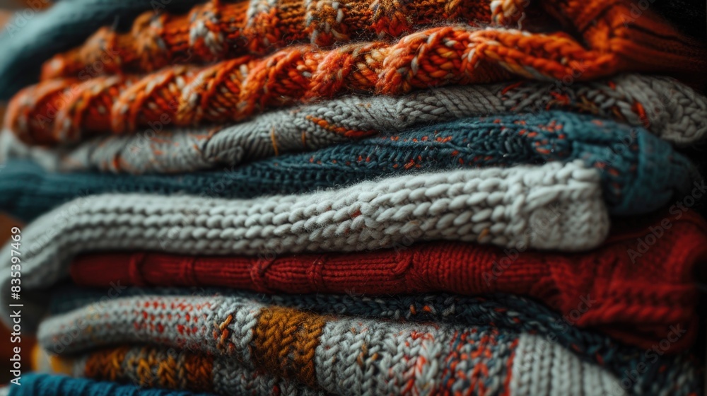 Pile of colorful sweaters stacked on top of each other, suitable for use in fashion or lifestyle contexts Pile of colorful sweaters stacked on top of each other, suitable for use in fashion or lifestyle contexts