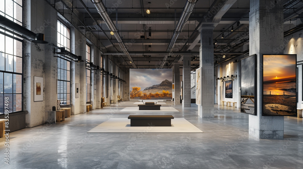 Dynamic Avant Art Gallery mockup showcasing large-format prints in a spacious, industrial-chic setting, highlighting the power and scale of the artworks, Dynamic Avant Art Gallery mockup showcasing large-format prints in a spacious, industrial-chic setting, highlighting the power and scale of the artworks,