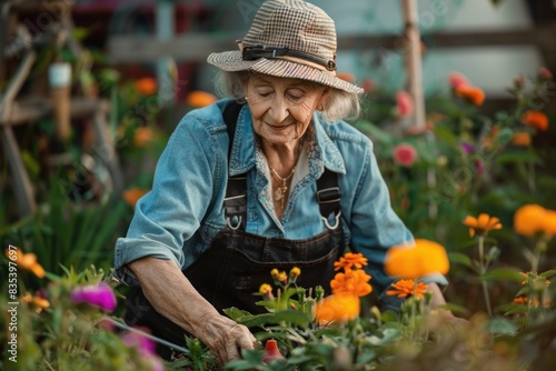 An active senior woman gardens outdoors, carefully pruning and engaging with her colorful plants, embodying vitality and a passion for gardening. © evgenia_lo