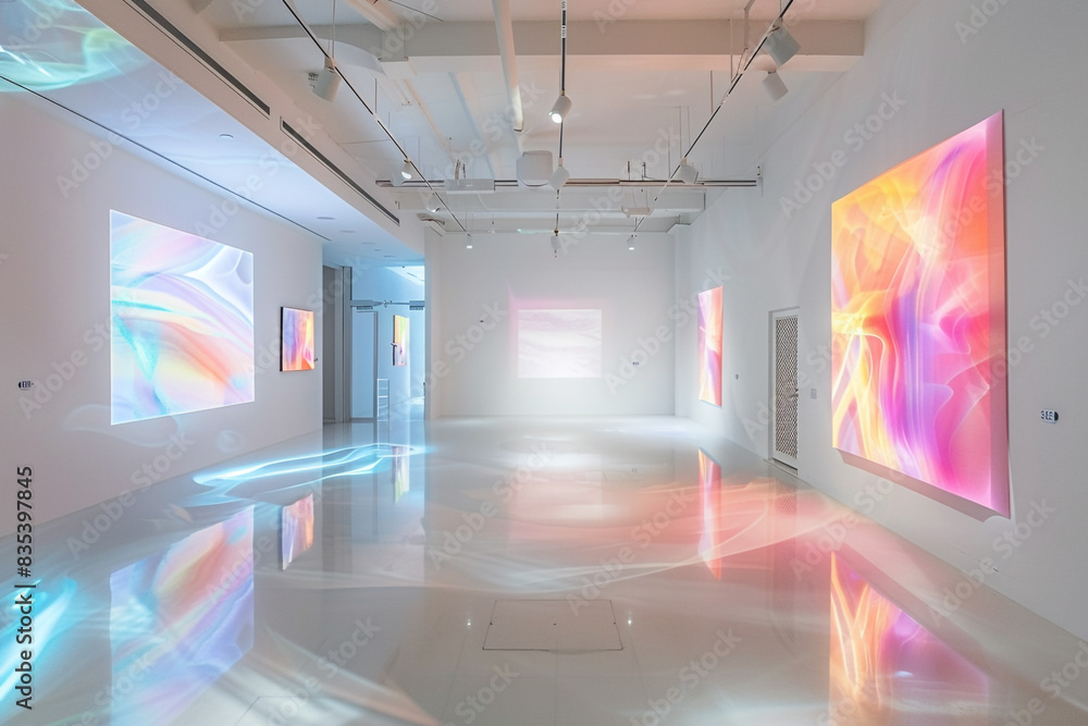 Elegant Avant Art Gallery space featuring modern projection mapping in a clean, minimalist setting, blending light, form, and digital creativity for dynamic visual experiences, Elegant Avant Art Gallery space featuring modern projection mapping in a clean, minimalist setting, blending light, form, and digital creativity for dynamic visual experiences,