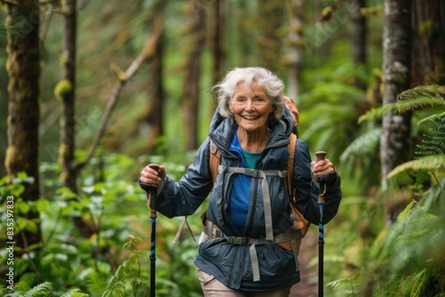 Active senior Caucasian woman hiking in a forest  wearing a grey jacket  carrying a backpack  and using trekking poles.