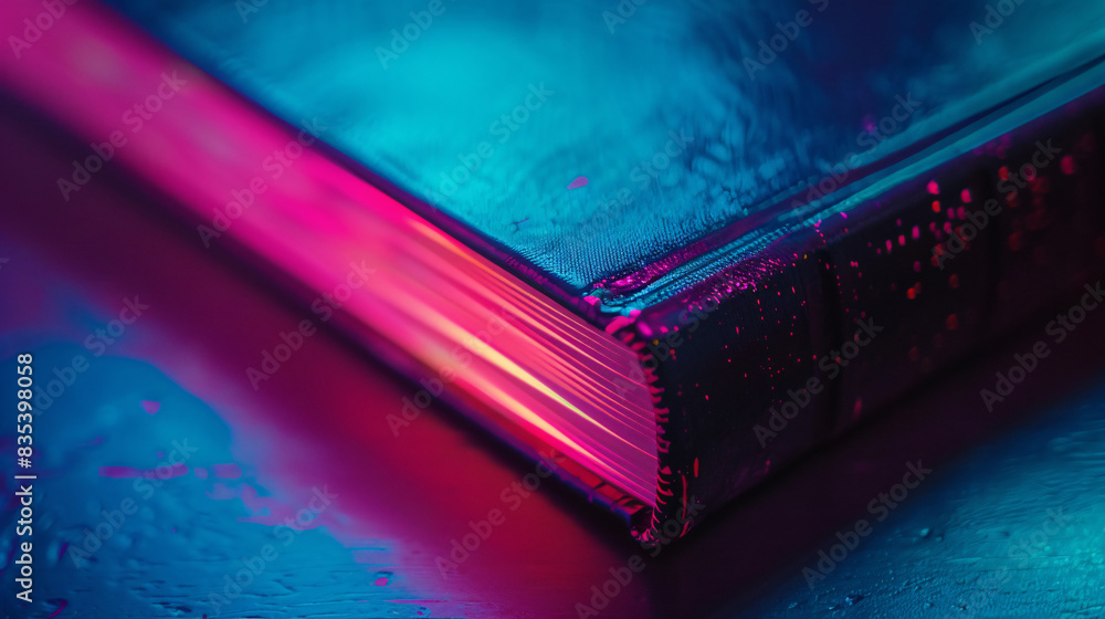 Close-up of a vibrant neon light reflection on a wet, textured surface with detailed water droplets Close-up of a vibrant neon light reflection on a wet, textured surface with detailed water droplets