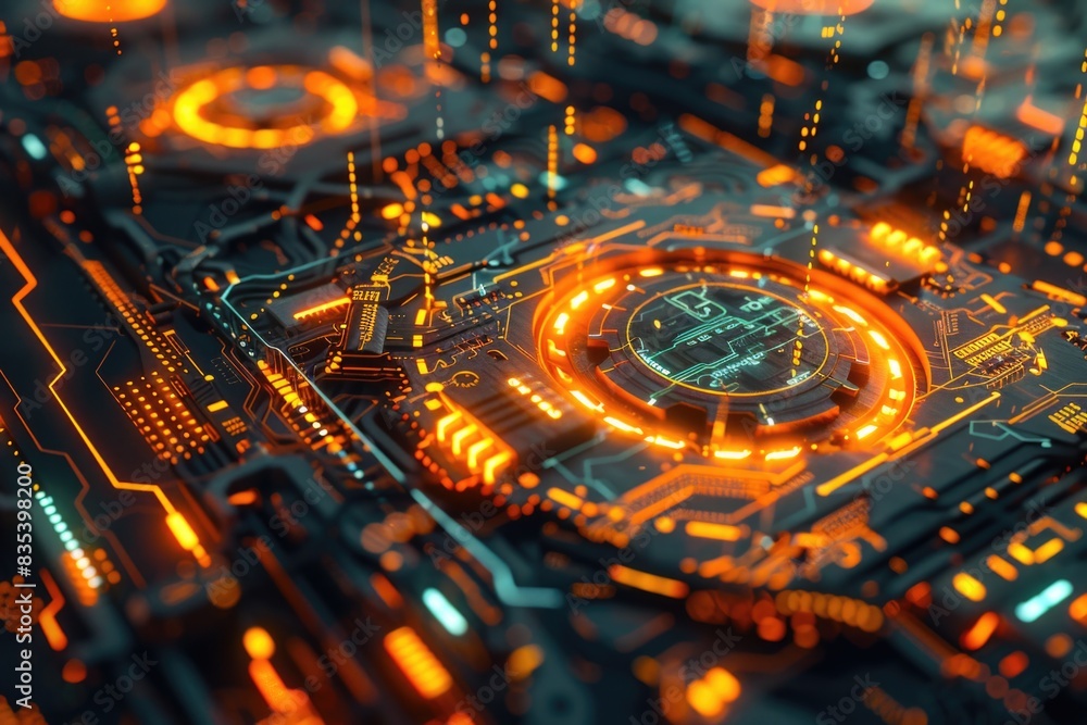 A close-up shot of a circuit board featuring a clock component A close-up shot of a circuit board featuring a clock component