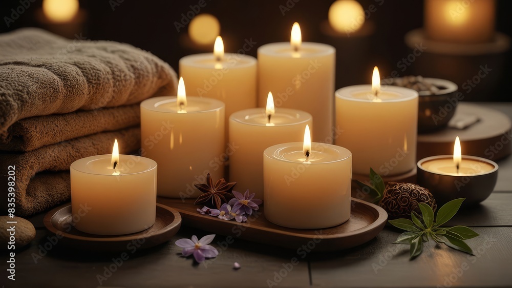 Relaxing Spa Scene with Candles and Essential Oils, Highlighting the Warm and Inviting Atmosphere of a Serene Wellness Retreat, Detailed and Soothing Ambiance Relaxing Spa Scene with Candles and Essential Oils, Highlighting the Warm and Inviting Atmosphere of a Serene Wellness Retreat, Detailed and Soothing Ambiance
