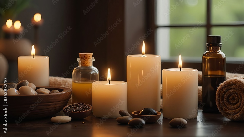 Relaxing Spa Scene with Candles and Essential Oils, Highlighting the Warm and Inviting Atmosphere of a Serene Wellness Retreat, Detailed and Soothing Ambiance Relaxing Spa Scene with Candles and Essential Oils, Highlighting the Warm and Inviting Atmosphere of a Serene Wellness Retreat, Detailed and Soothing Ambiance