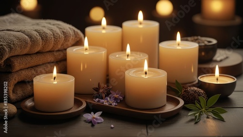 Relaxing Spa Scene with Candles and Essential Oils, Highlighting the Warm and Inviting Atmosphere of a Serene Wellness Retreat, Detailed and Soothing Ambiance