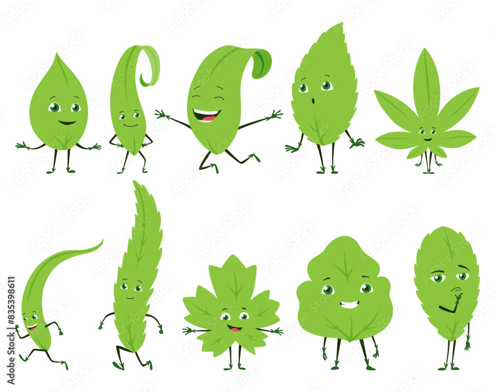 Green leaves characters. Cute happy funny smiling leaf character collection. Vector illustration isolated on white background Green leaves characters. Cute happy funny smiling leaf character collection. Vector illustration isolated on white background
