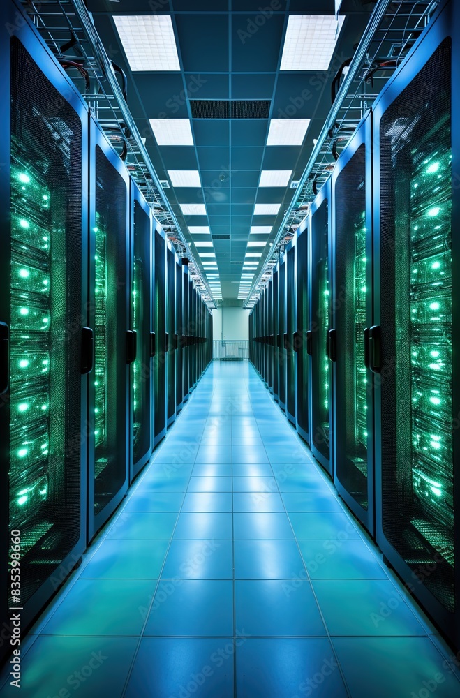 igh-tech data center with rows of server cabinets, illuminated by LED lights and visible wires, representing the power behind cloud computing and cyber security technology. igh-tech data center with rows of server cabinets, illuminated by LED lights and visible wires, representing the power behind cloud computing and cyber security technology.
