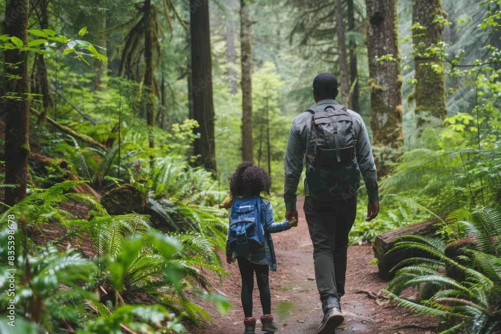 African American father holding hands with his young daughter, walking in a forest, serene environment.