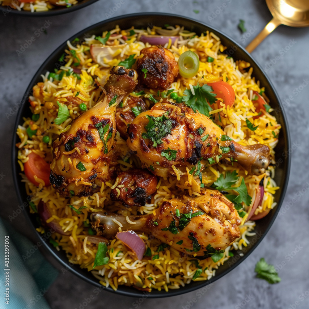 a pan of rice with curry chicken and rice and vegetables. a pan of rice with curry chicken and rice and vegetables.