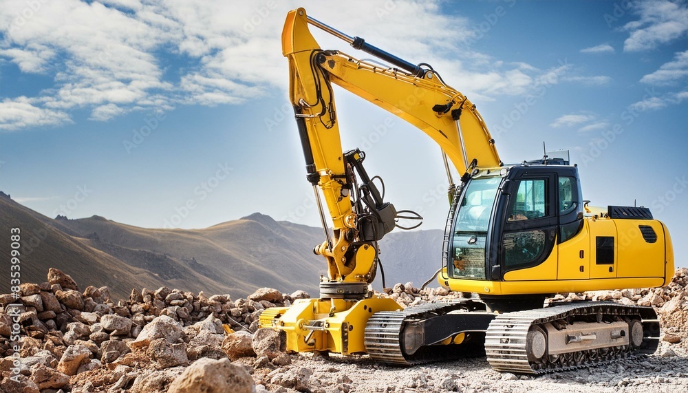 A large yellow drilling machine is working on a construction site. The machine is surrounded by dirt and debris. A large yellow drilling machine is working on a construction site. The machine is surrounded by dirt and debris.