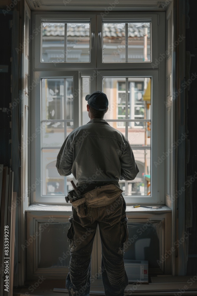 A construction worker poses in front of a window, with tools and equipment nearby A construction worker poses in front of a window, with tools and equipment nearby