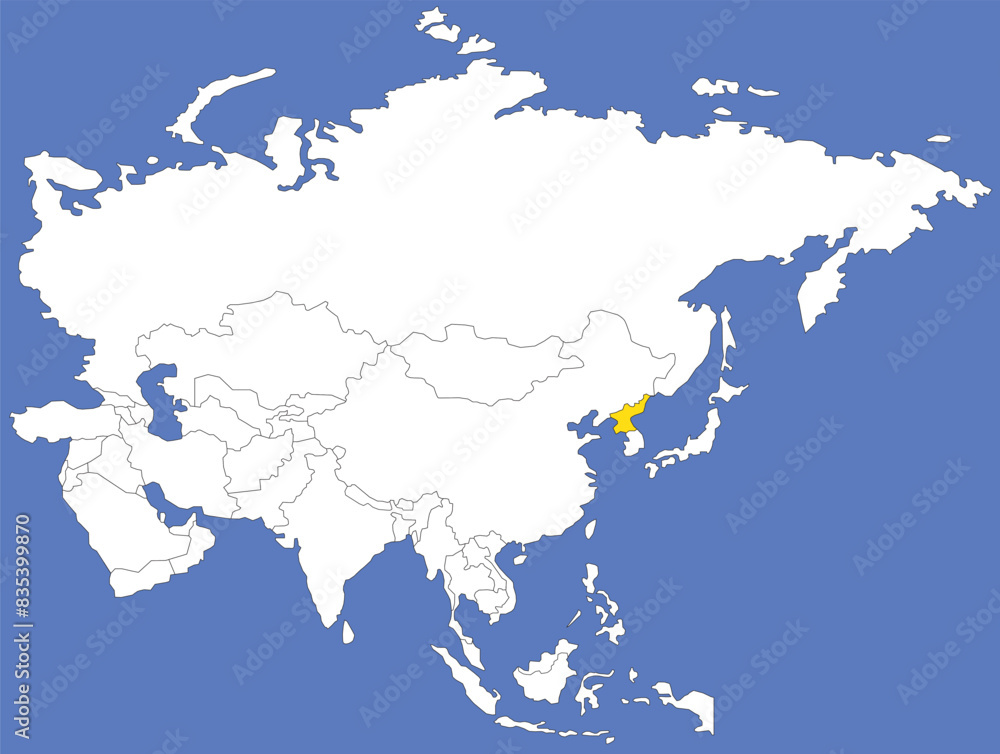 Fototapeta premium Highlighted yellow map of NORTH KOREA inside white political map of Asia using orthographic projection on dark blue background