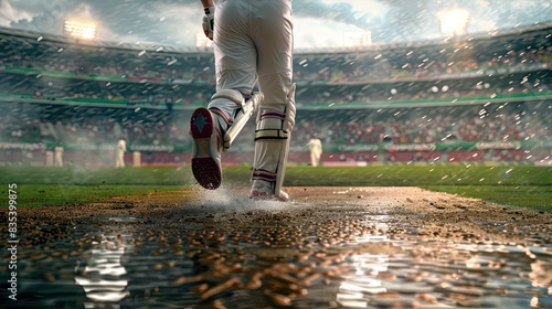 cricket field with a unique water feature behind the bowlera??s arm for a stunning visual effect photo