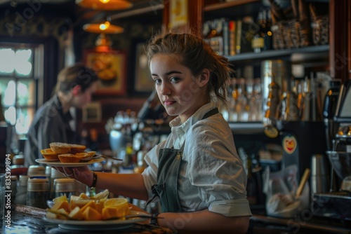 A woman prepares and serves food at a busy bar or restaurant