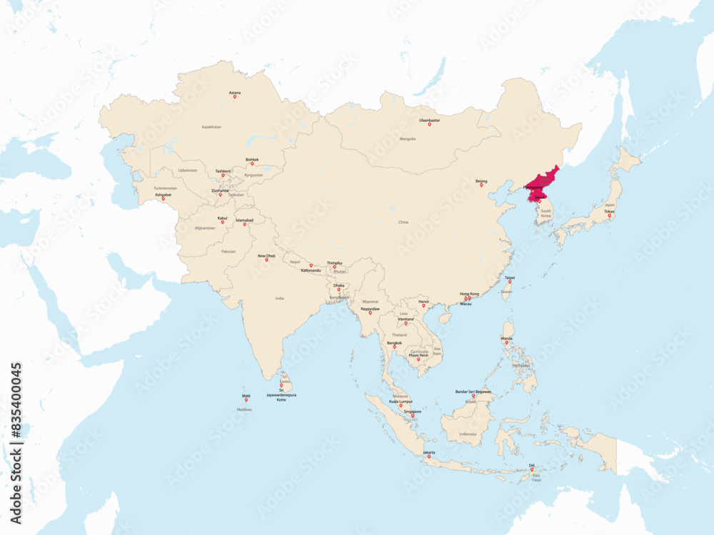 Highlighted red map of NORTH KOREA inside light red detailed political map of Asia using orthographic projection on white and blue background Highlighted red map of NORTH KOREA inside light red detailed political map of Asia using orthographic projection on white and blue background