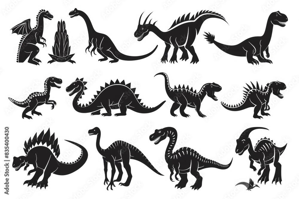 A set of dinosaur silhouettes against a dark background, ideal for use in educational materials or prehistoric-themed designs A set of dinosaur silhouettes against a dark background, ideal for use in educational materials or prehistoric-themed designs
