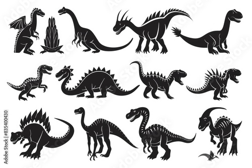 A set of dinosaur silhouettes against a dark background  ideal for use in educational materials or prehistoric-themed designs