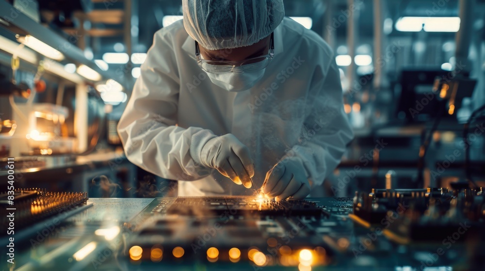 A man in a lab coat is focused on assembling a complex electronic circuit A man in a lab coat is focused on assembling a complex electronic circuit