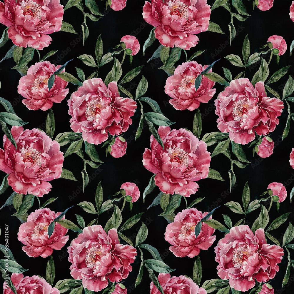 A watercolor painting of pink peonies flowers with green leaves on black background seamless pattern