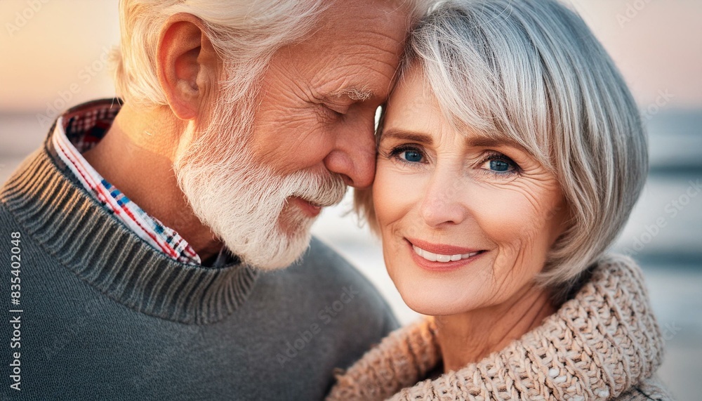 Fototapeta premium Close up of a mature beautiful Scandinavian couple consisting of an older Nordic Caucasian man and an older European Scandinavian woman who are in love. The shot shows details of their faces