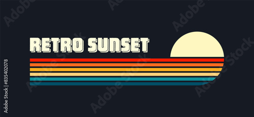 Vintage sunset collection. Various colorful striped sunrise badges in 80s and 90s style. Sun and ocean view, summer vibes, surfing. Design element for print, logo or t-shirt. Vector illustration