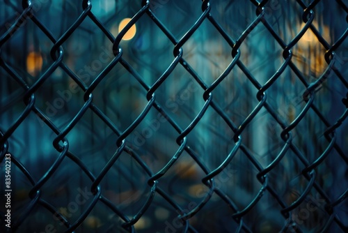 A close-up view of a chain link fence with rusted links and barbed wire