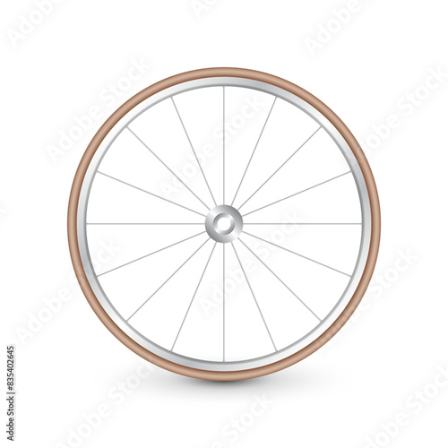 Realistic 3d retro bicycle wheel. Bike rubber tire, shiny metal spokes and rim. Fitness cycle, touring, sport, road and mountain bike. Vector illustration