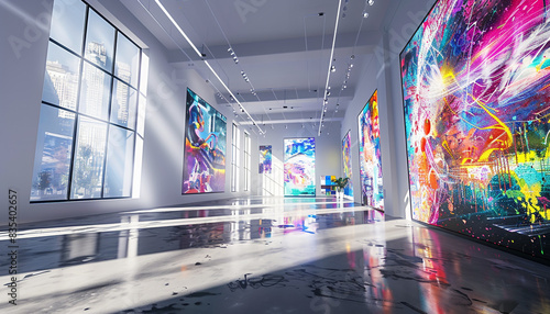 Modern Avant Art Gallery design with interactive digital murals in a tech-forward, bright space, blending street art and digital innovation, photo