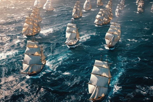 A group of tall ships sailing in the open ocean photo