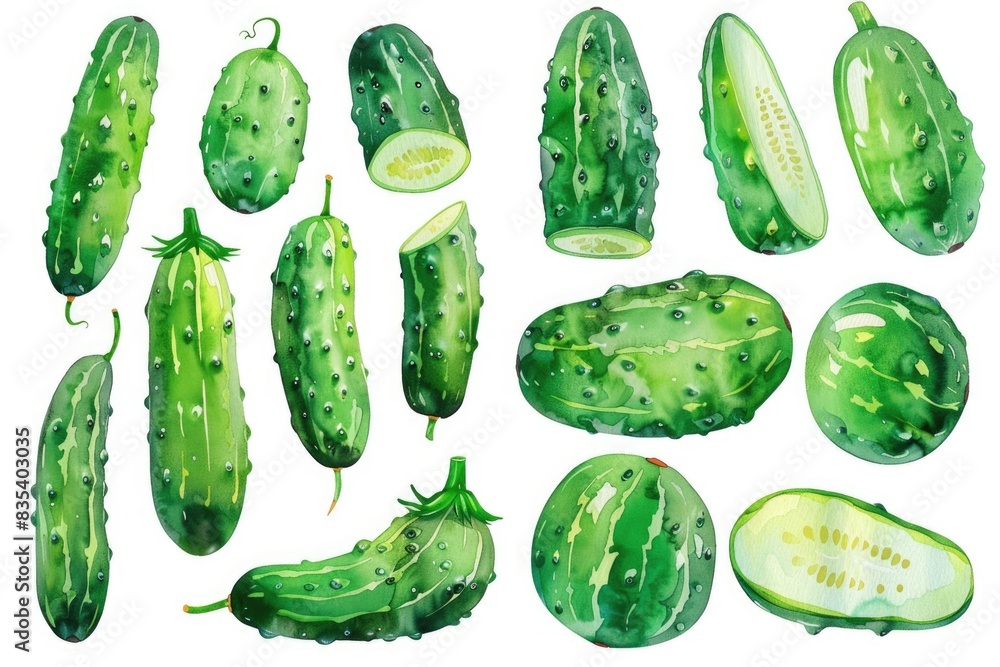 A collection of cucumbers depicted in watercolor style on a white background, perfect for use as a decorative image or background A collection of cucumbers depicted in watercolor style on a white background, perfect for use as a decorative image or background