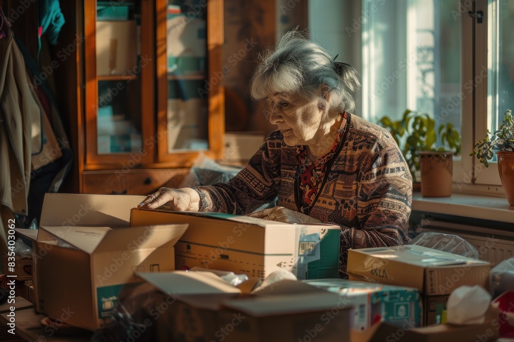 An elderly Caucasian woman sorts through boxes in a sunlit room, surrounded by personal belongings and memories. An elderly Caucasian woman sorts through boxes in a sunlit room, surrounded by personal belongings and memories.