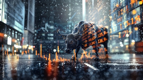 Trading Wall Street Bull Overlooking Charts Data Graphs Abstract Technology Business Background (Generative AI)